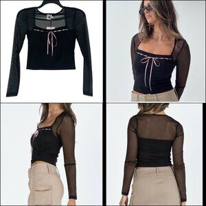 Princess Polly Corria Mesh Top Size 4 Long Sleeves Square Neck Sheer Stretch